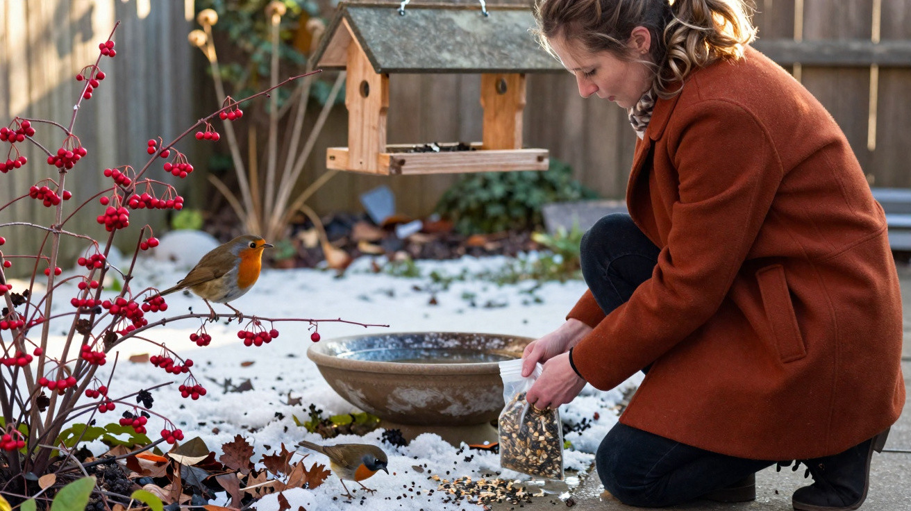 Mulher agachada alimentando pássaros em jardim com neve, ao lado de planta com frutos vermelhos.