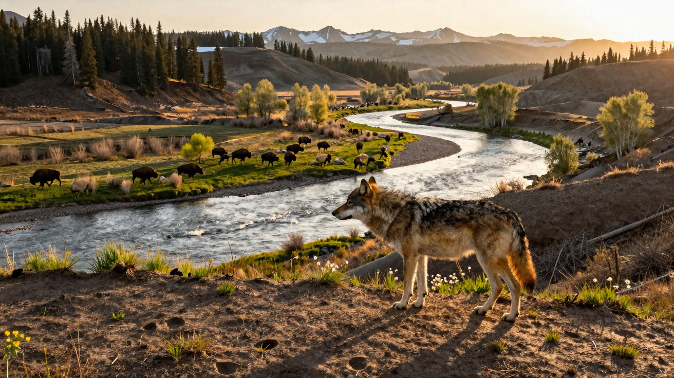 Lobo observando um rio curvo com bisões pastando e montanhas ao fundo ao entardecer.