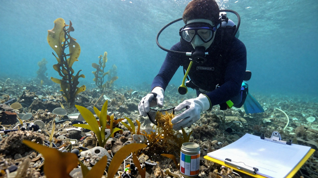 Mergulhador científico coletando amostras marinhas em área submersa com plantas e equipamentos de pesquisa.