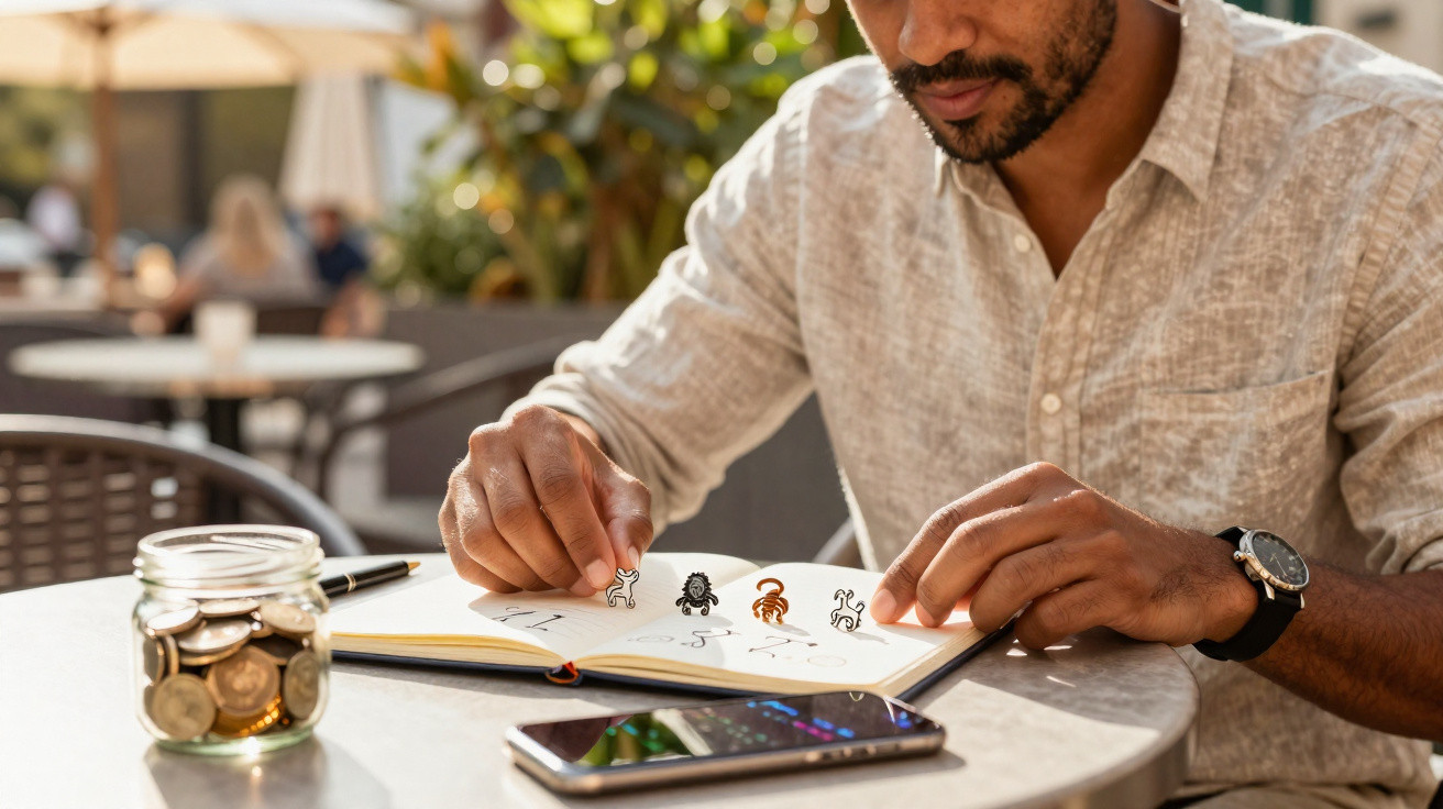 Homem manipulando peças de quebra-cabeça sentando à mesa com caderno, celular e pote de moedas.