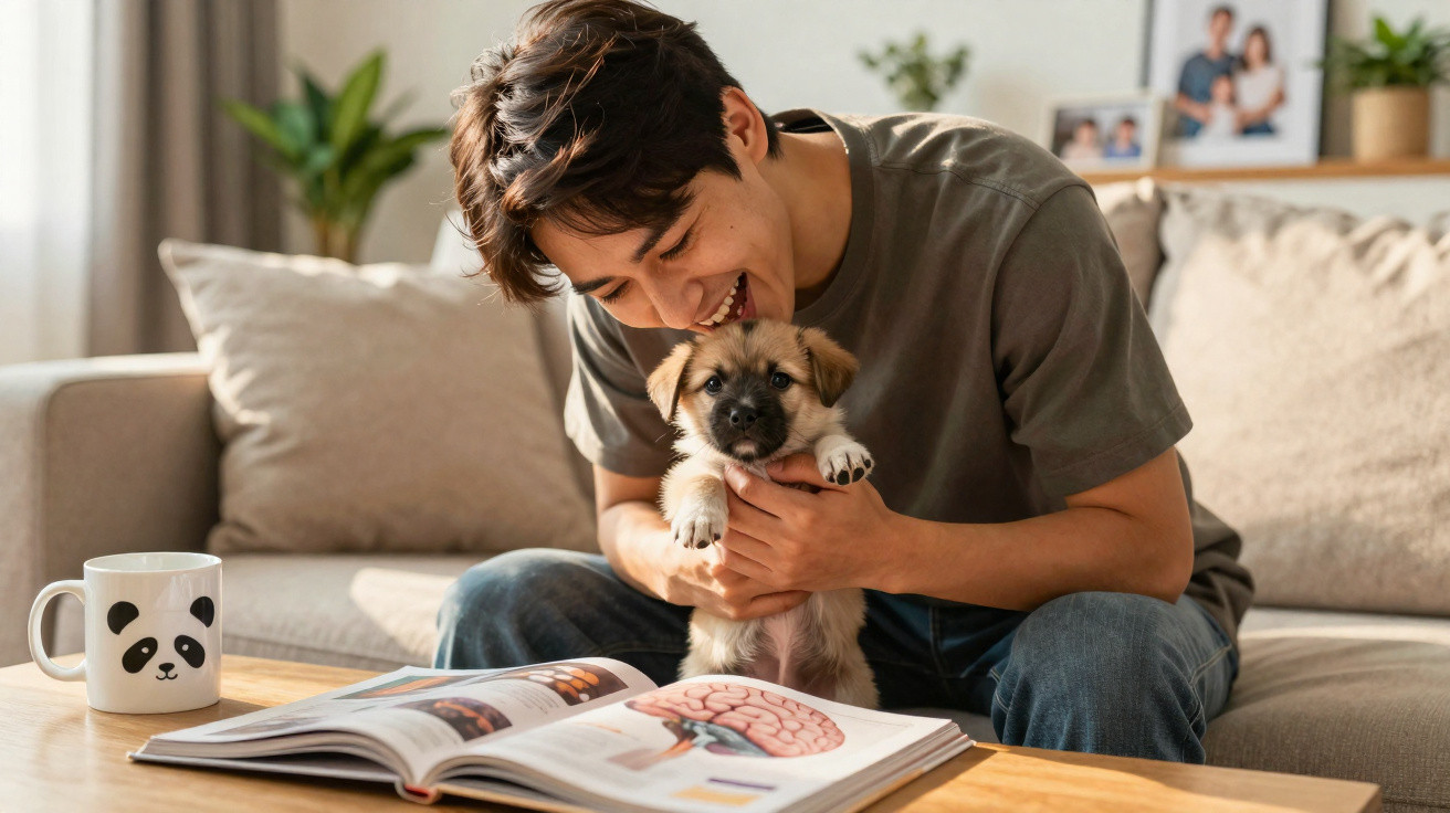 Pessoa sorridente segurando um filhote de cachorro enquanto lê livro sobre cérebro em sala iluminada.
