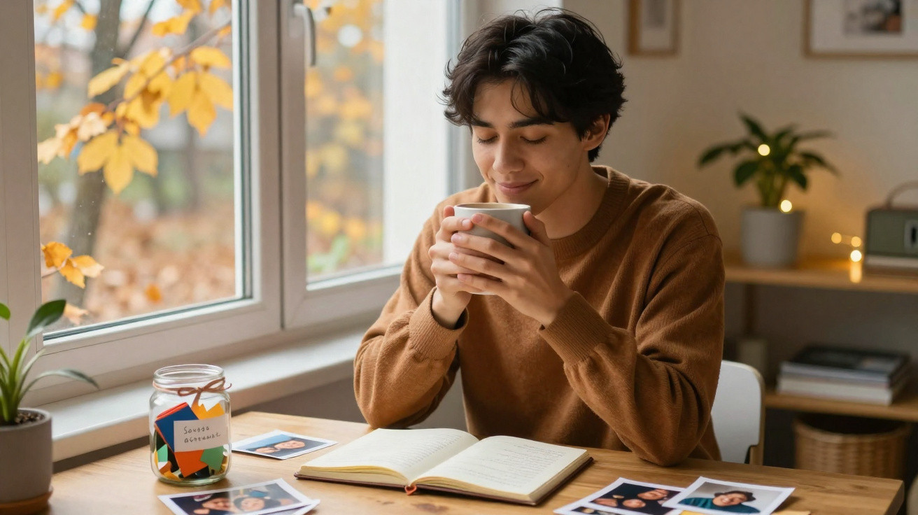 Jovem sentado à mesa perto da janela, segurando xícara e sorrindo, com fotos e caderno à sua frente.