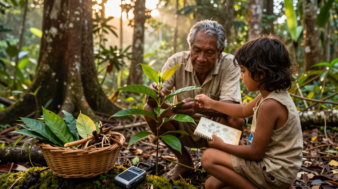 Homem idoso e criança observam planta jovem na floresta com cesto de folhas e livro de desenho ao lado.