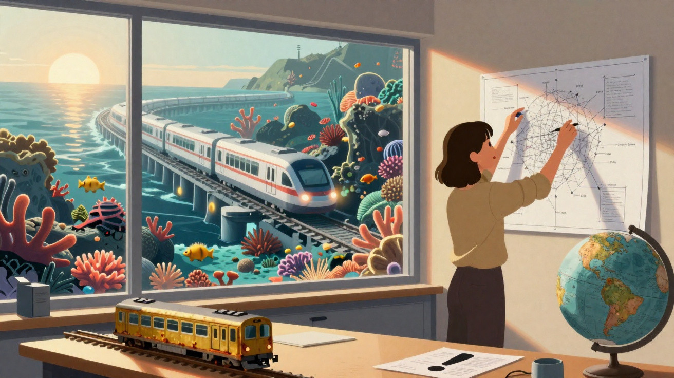 Pessoa desenha rotas em quadro enquanto trem moderno passa por ponte sobre o mar com recifes coloridos.
