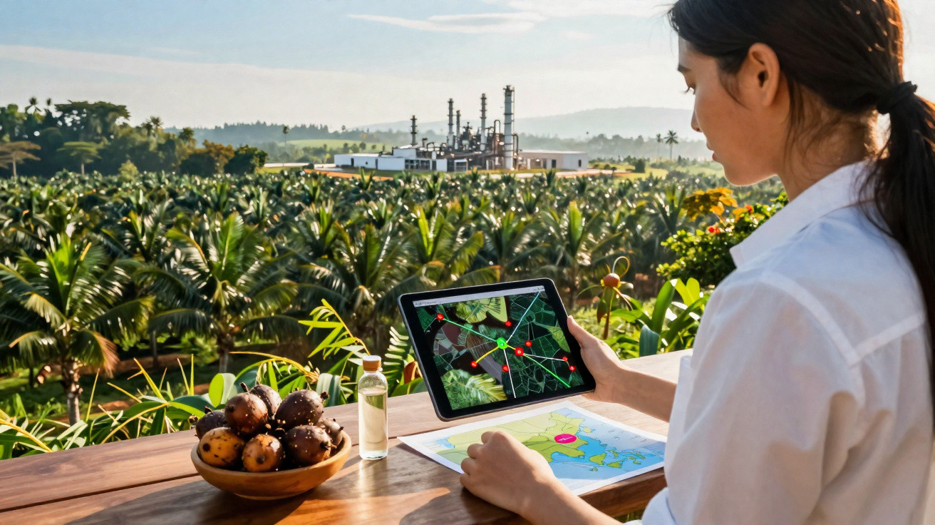 Mulher usando tablet para monitorar plantação de palma com indústria ao fundo em dia ensolarado.