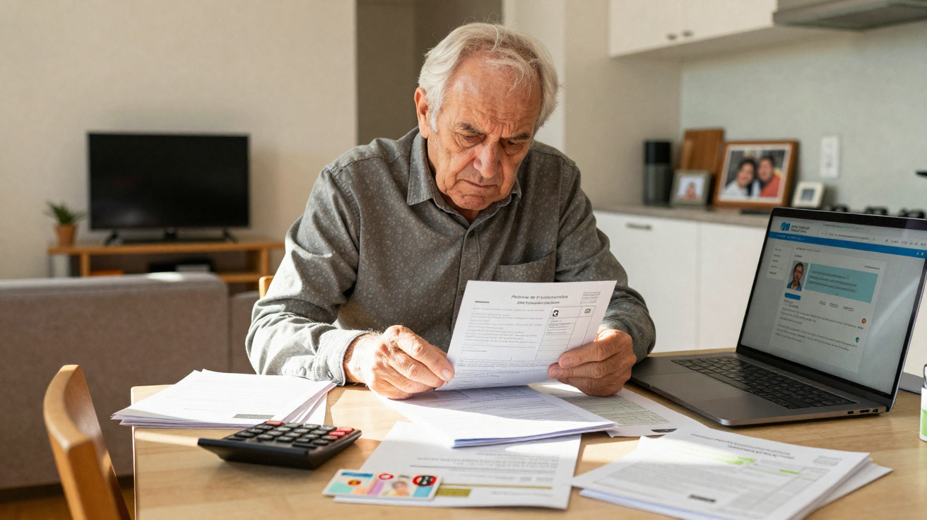 Idoso analisa documentos financeiros sentado à mesa com calculadora e laptop em ambiente doméstico.