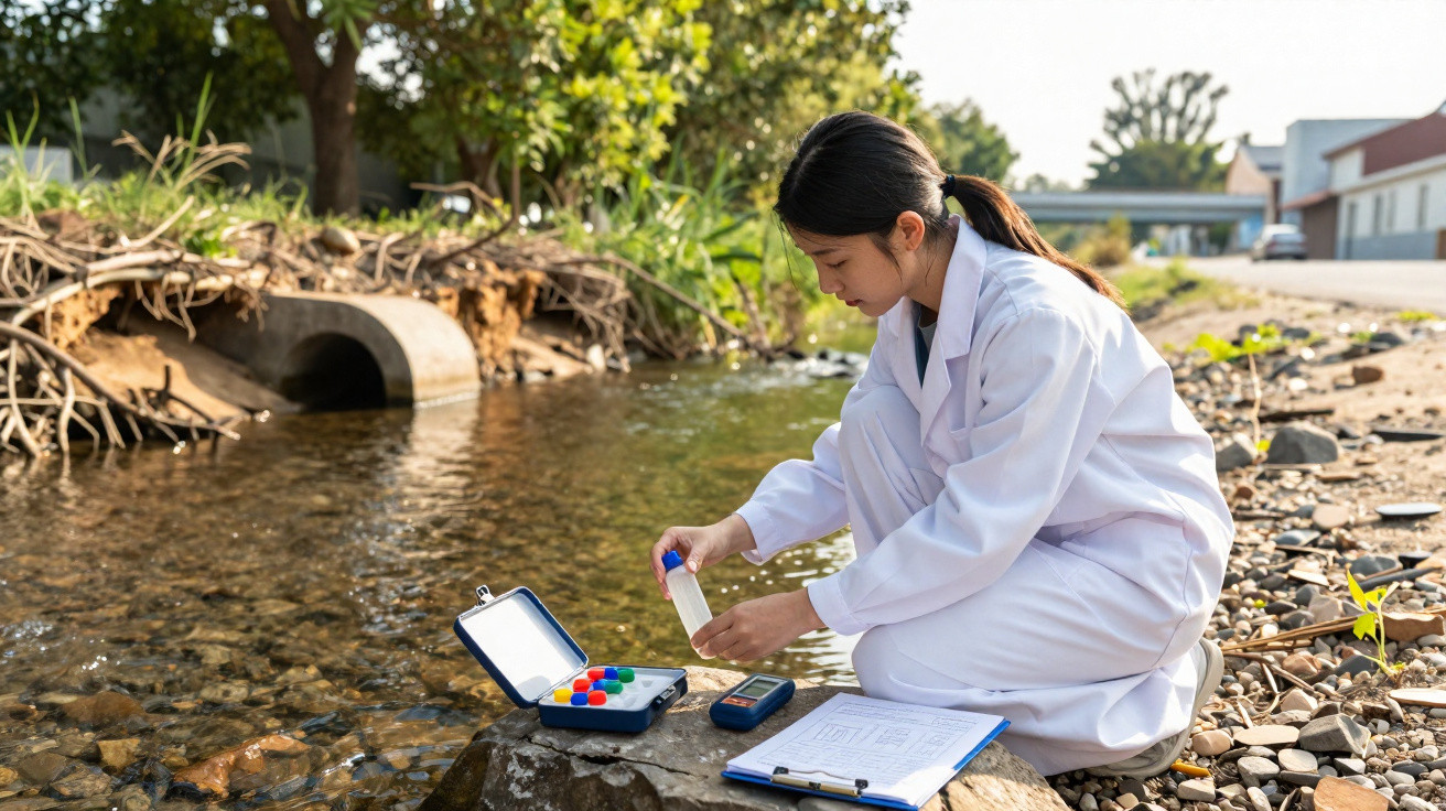 Mulher cientista coleta amostra de água em riacho para análise ambiental, usando jaleco branco e equipamentos.