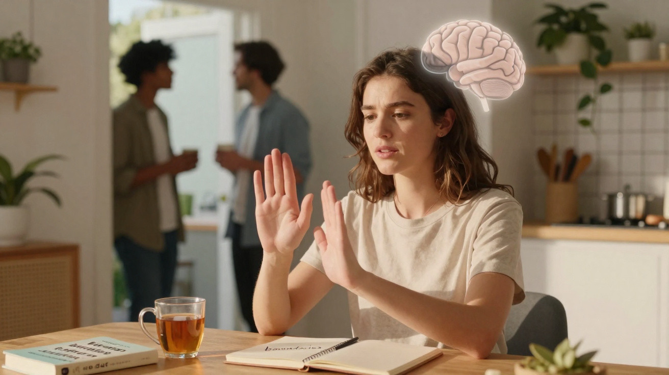 Mulher com expressão preocupada afastando as mãos, ilustração de cérebro acima da cabeça, duas pessoas conversam no fundo.