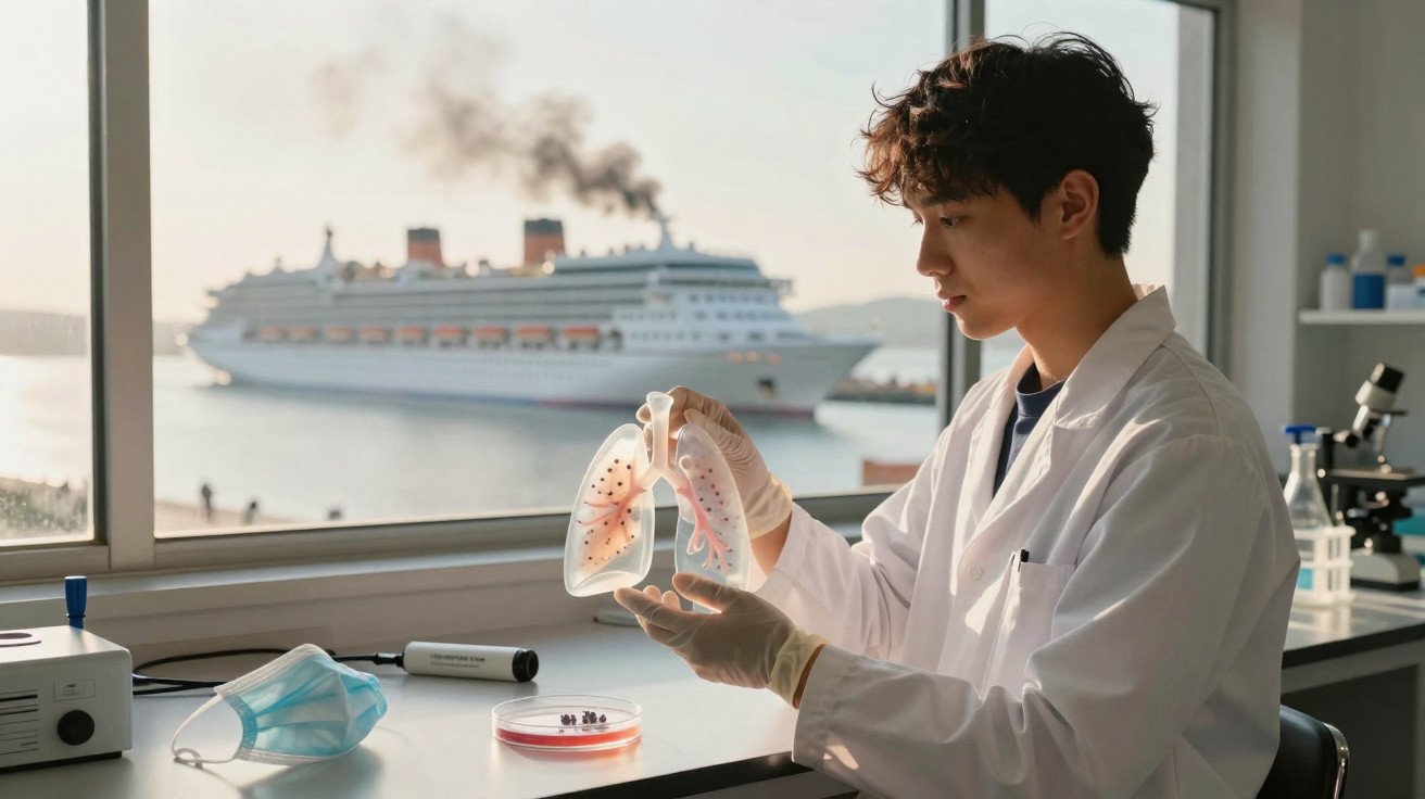 Pesquisador em laboratório seguro com modelo de pulmão, navio de cruzeiro e água ao fundo pela janela.