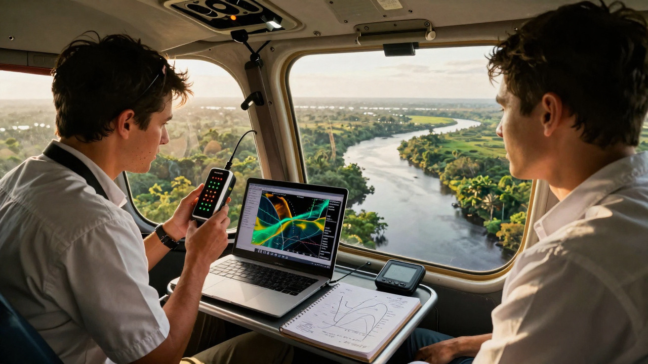 Dois homens dentro de avião com laptop, caderno e aparelho eletrônico observando um rio pela janela.