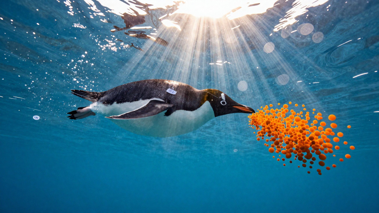 Pinguim nadando sob a água com raios de sol e bolhas laranja ao redor do bico.