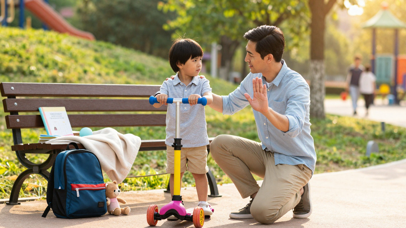 Pai ajoelhado faz sinal de pare para filho pequeno com patinete em parque ensolarado.