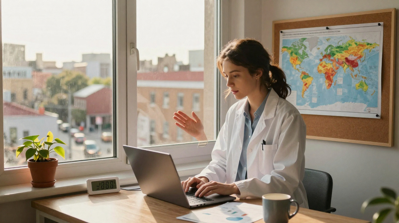 Mulher médica em jaleco branco usando laptop em escritório com mapa-múndi na parede e planta na janela.