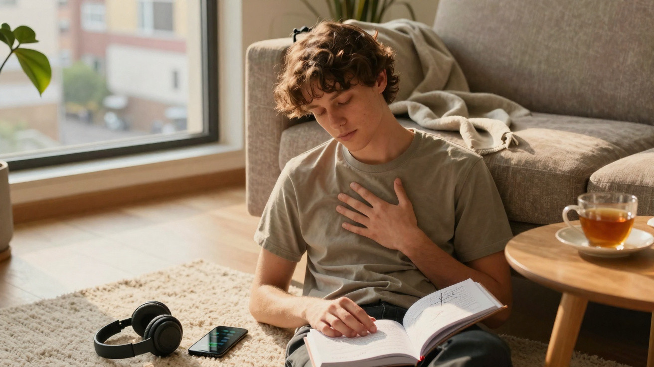 Jovem sentado no chão, lendo livro e com a mão no peito, ao lado de fones, celular e xícara de chá.