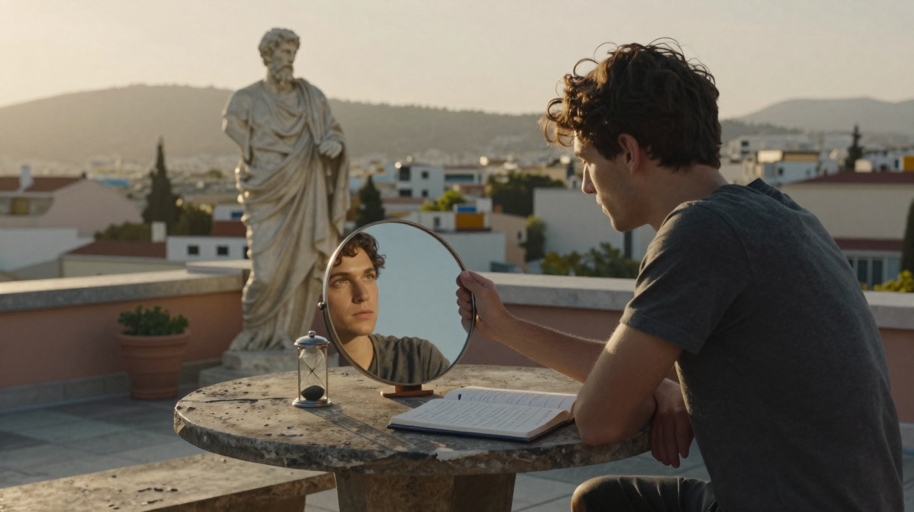 Jovem sentado em mesa de pedra segurando espelho redondo, refletindo seu rosto, com estátua e cidade ao fundo.
