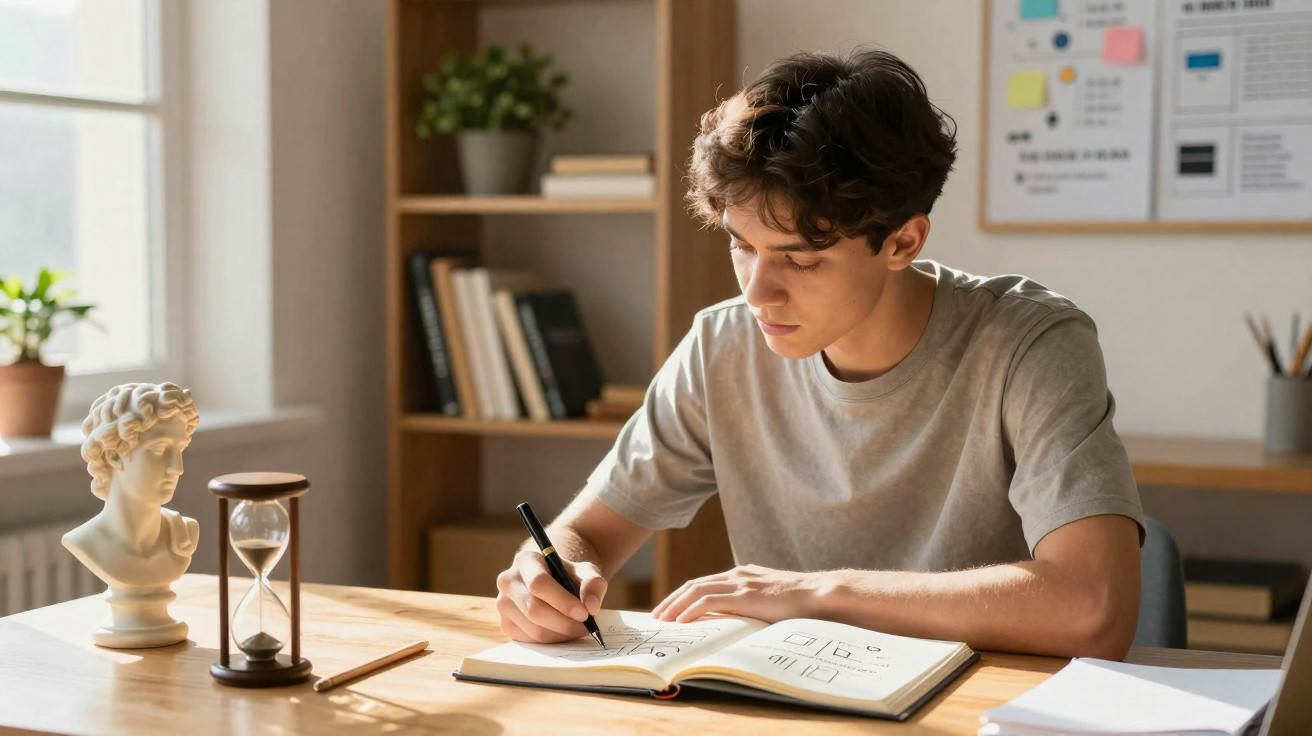 Jovem concentrado escrevendo em caderno numa mesa com ampulheta e busto clássico em ambiente iluminado.