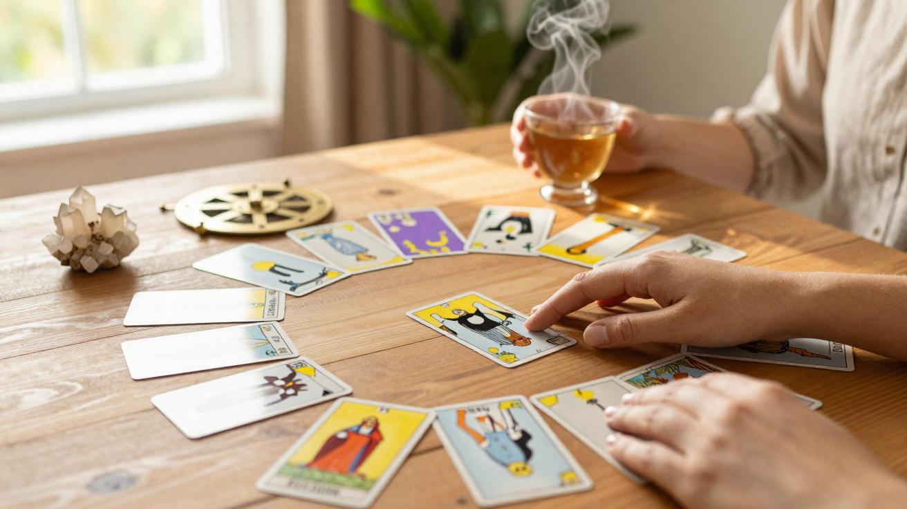 Mãos com cartas de tarô dispostas em círculo sobre mesa de madeira, ao lado de cristal e xícara de chá fumegante.