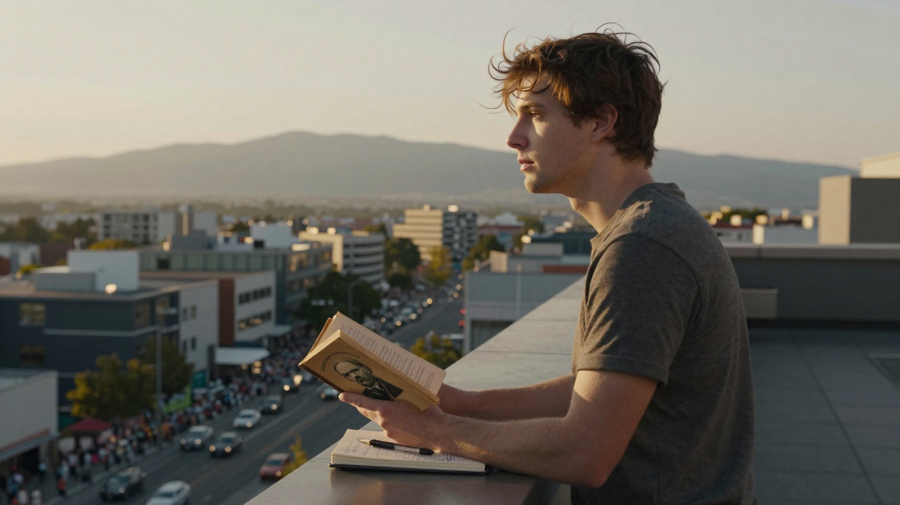 Jovem com camiseta cinza lendo livro e olhando para a cidade ao pôr do sol em um terraço alto.