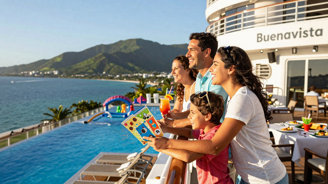 Família sorridente observando a paisagem no convés de um navio de cruzeiro com piscina e montanhas ao fundo.