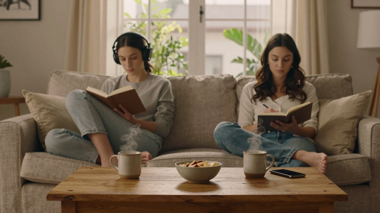 Duas mulheres sentadas no sofá lendo livros, com canecas de bebida quente e tigela sobre mesa de madeira.