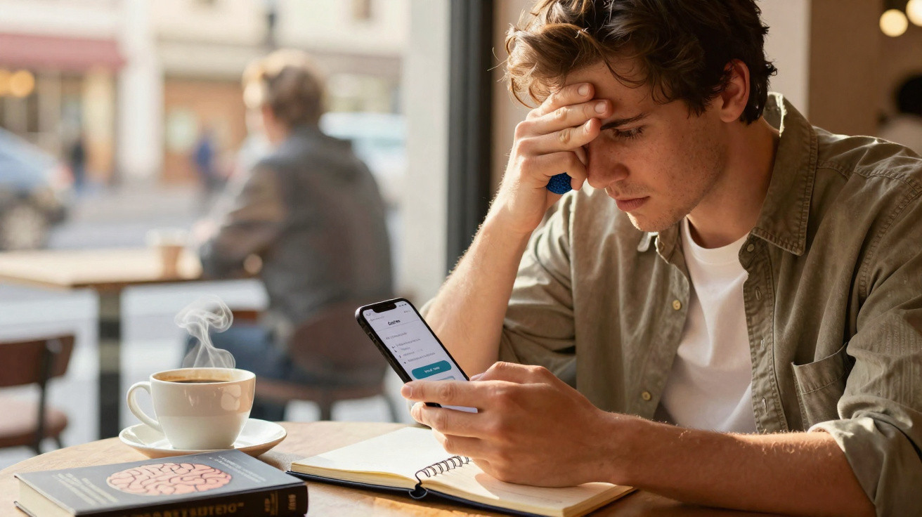 Jovem sentado à mesa de café, olhando preocupado para o celular, com caderno aberto e livro ao lado.
