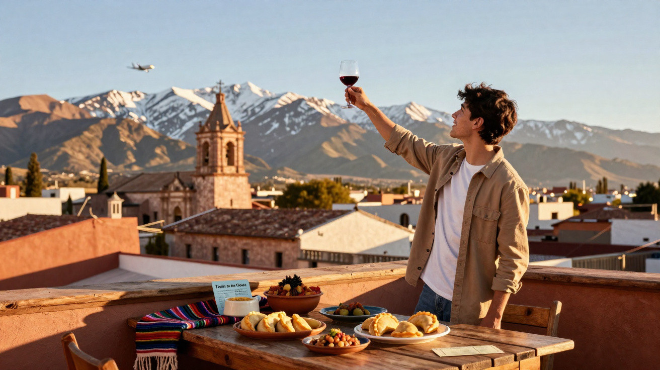 Jovem erguendo taça de vinho em terraço com mesa posta e montanhas ao fundo ao entardecer.