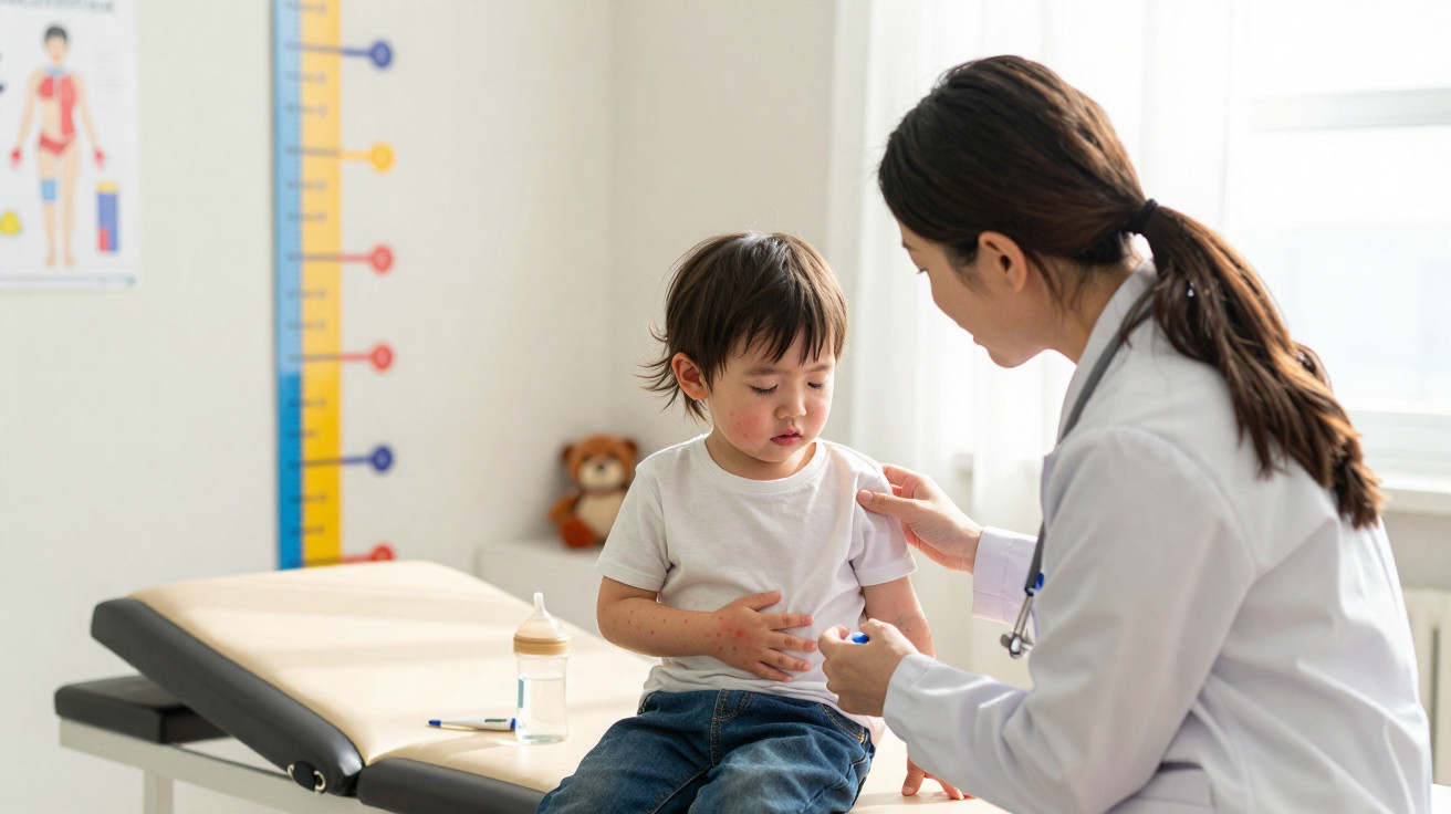 Médica examinando menino com expressão dolorida sentado em maca na clínica pediátrica iluminada.