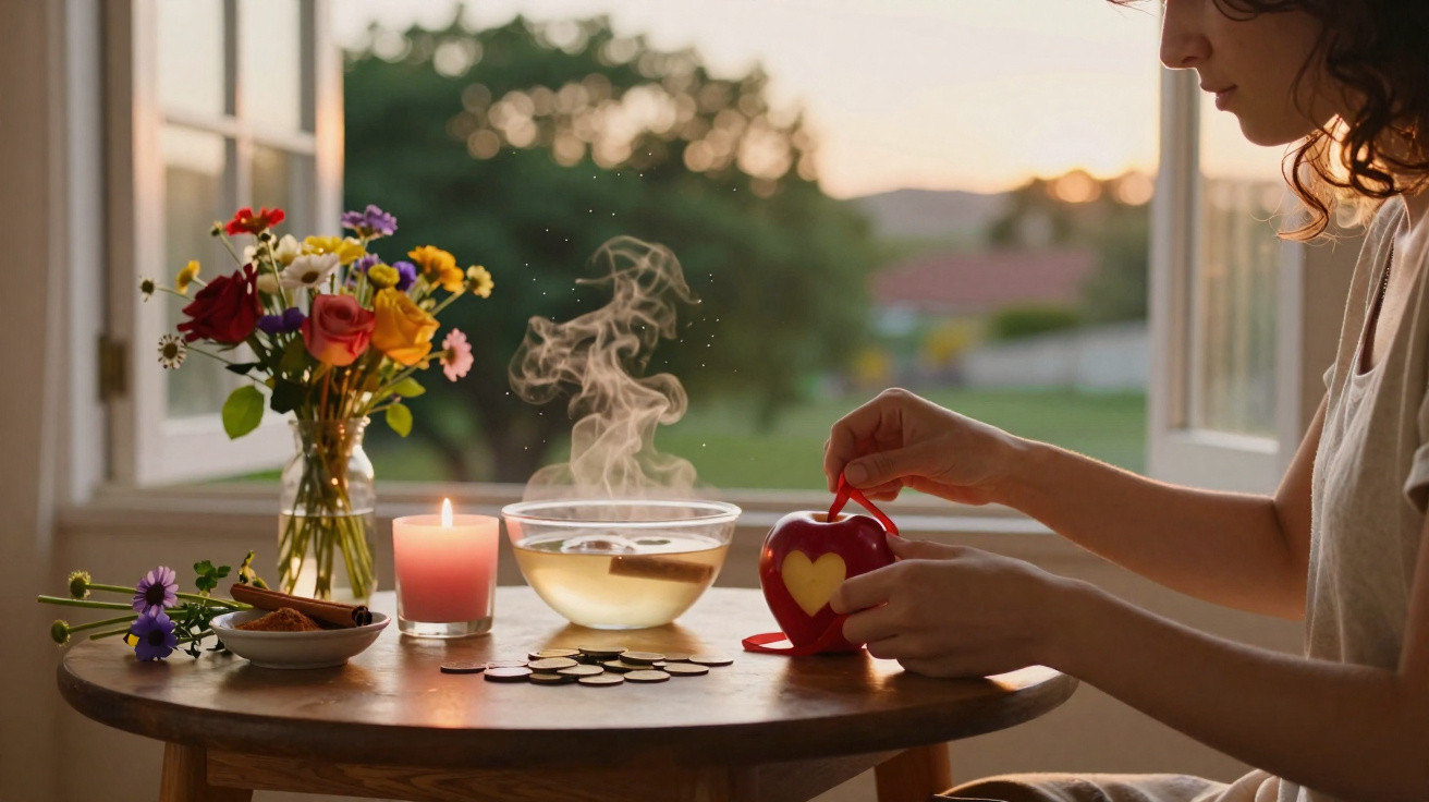 Pessoa decorando coração vermelho com mesa com flores, vela, moedas e incenso, em ambiente aconchegante ao entardecer.
