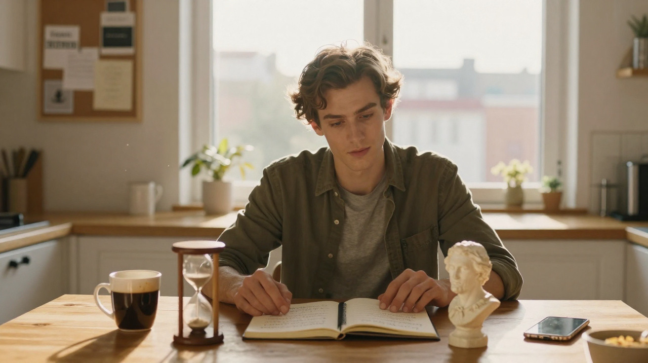 Jovem sentado à mesa lendo um livro, com ampulheta, busto e café em uma cozinha iluminada pela luz natural.