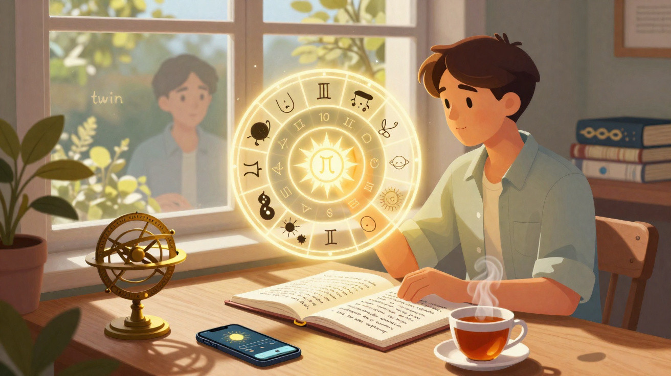 Jovem estudando signos do zodíaco em livro, com holograma circular luminoso, ao lado de chá e celular.