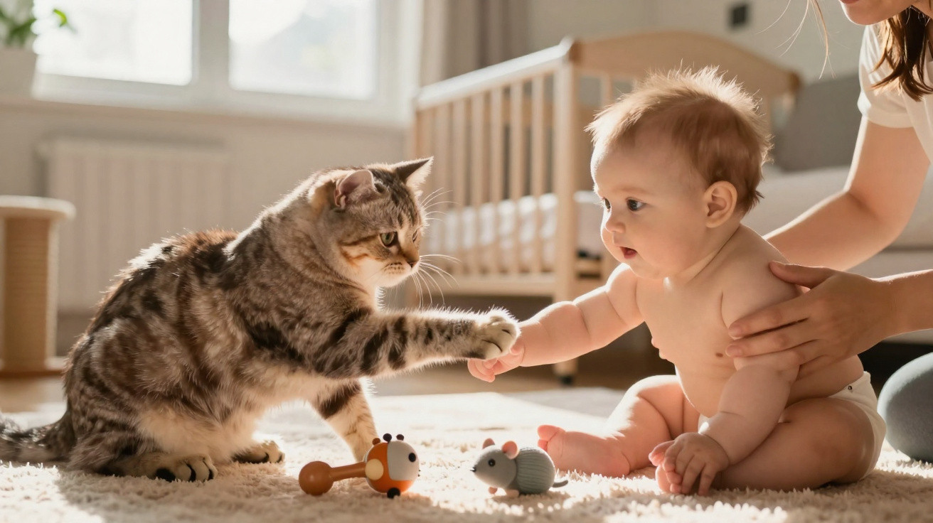 Bebê sentado tocando a pata de um gato em um quarto iluminado com brinquedos no tapete.