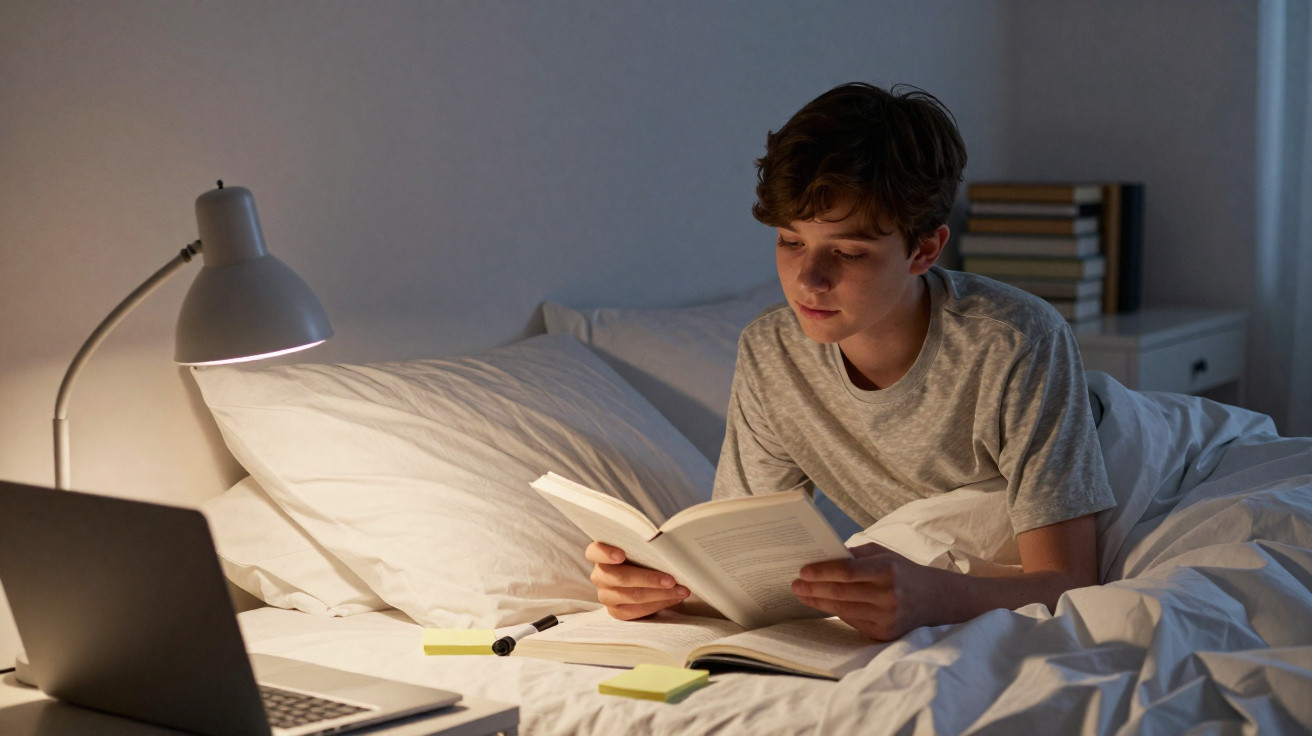 Adolescente de camiseta cinza lendo livro na cama à noite com abajur e notebook ao lado