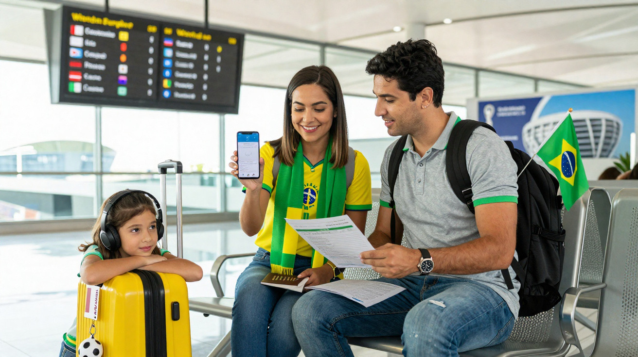 Família brasileira em aeroporto com roupas verdes e amarelas, olhando documentos e celular, ao lado de mala amarela.