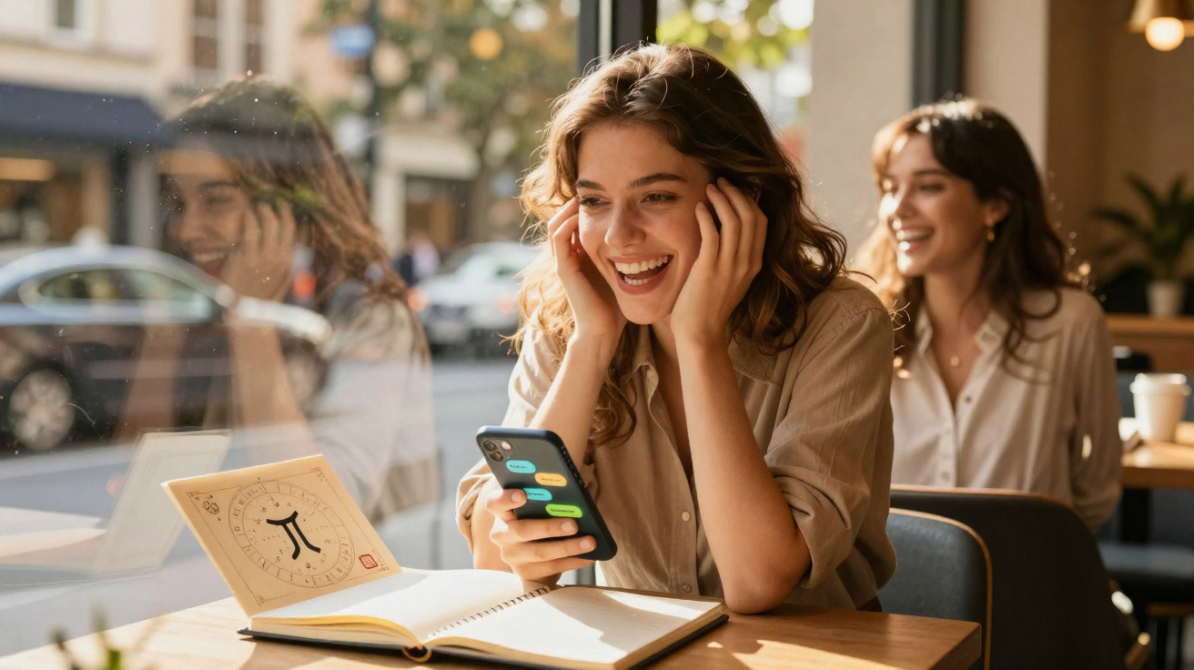 Jovem sorrindo enquanto usa celular sentada em café com caderno e livro abertos à sua frente.