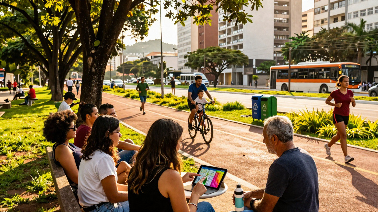 Pessoas sentadas e conversando em banco de parque urbano com ciclista, corredor e ônibus ao fundo em dia ensolarado.