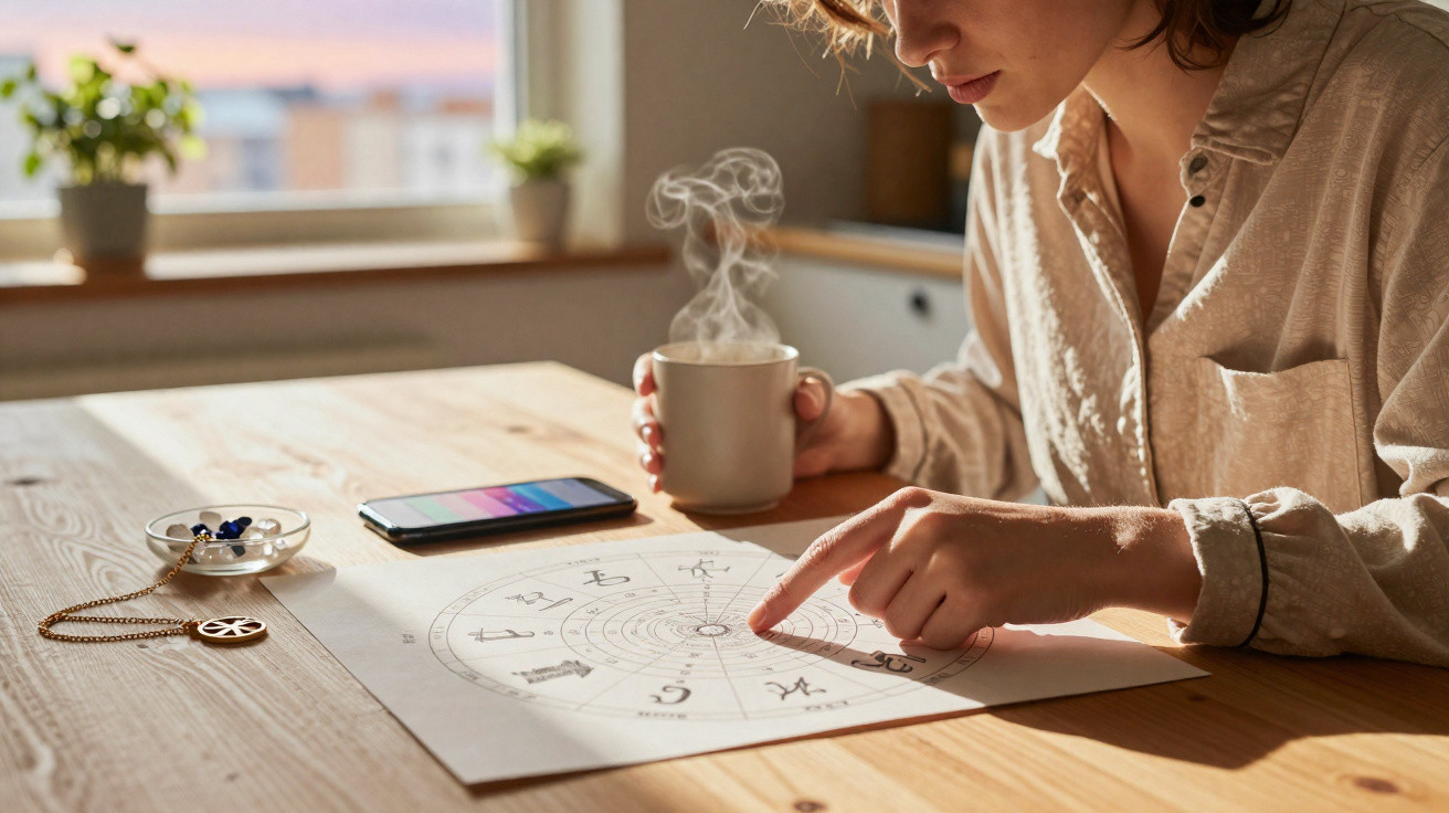 Pessoa segurando xícara quente e apontando signos do zodíaco em mesa com mapa astral e celular.