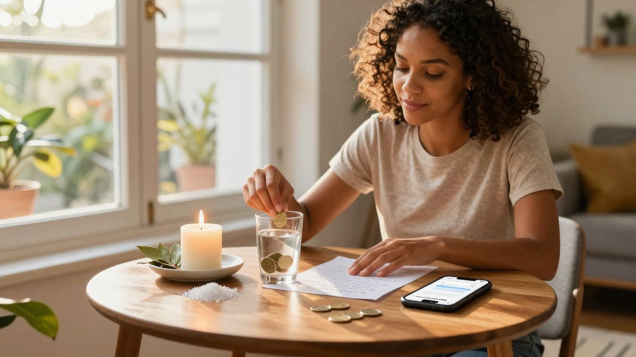 Mulher sentada à mesa colocando moedas em um copo, com lista e celular à sua frente.