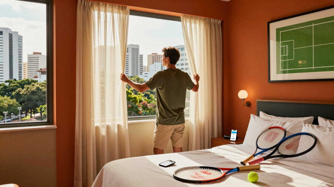 Homem abre cortina em quarto com duas raquetes de tênis e uma bola sobre a cama, vista de prédios ao fundo.