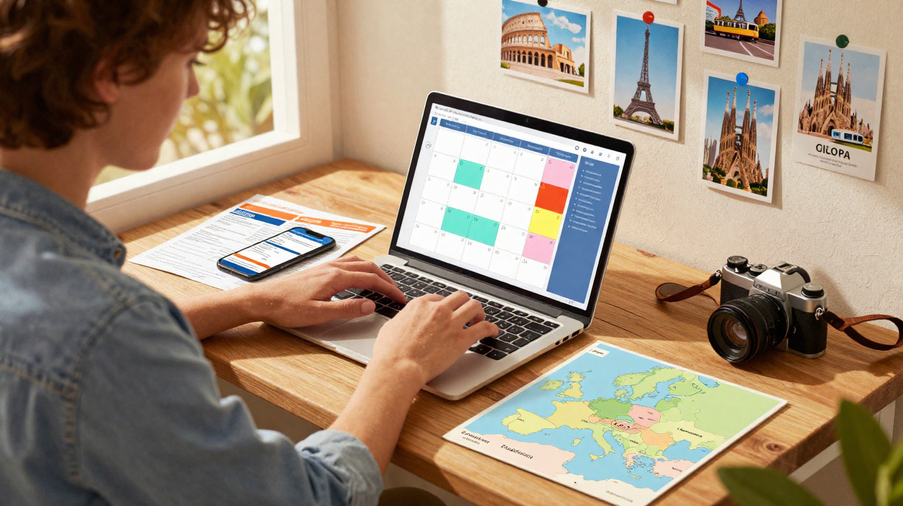 Pessoa usando notebook com calendário digital, mapa da Europa e fotos de pontos turísticos na parede.