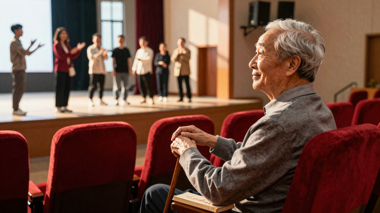 Idoso sentado em teatro assistindo grupo de atores praticando no palco.