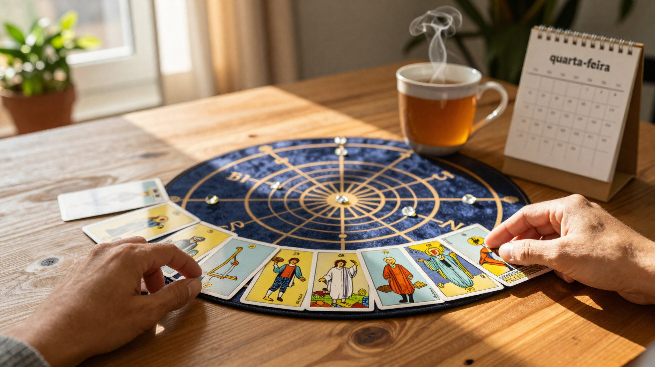 Mãos organizando cartas de tarô em círculo sobre tapete astrológico com chá e calendário na mesa.