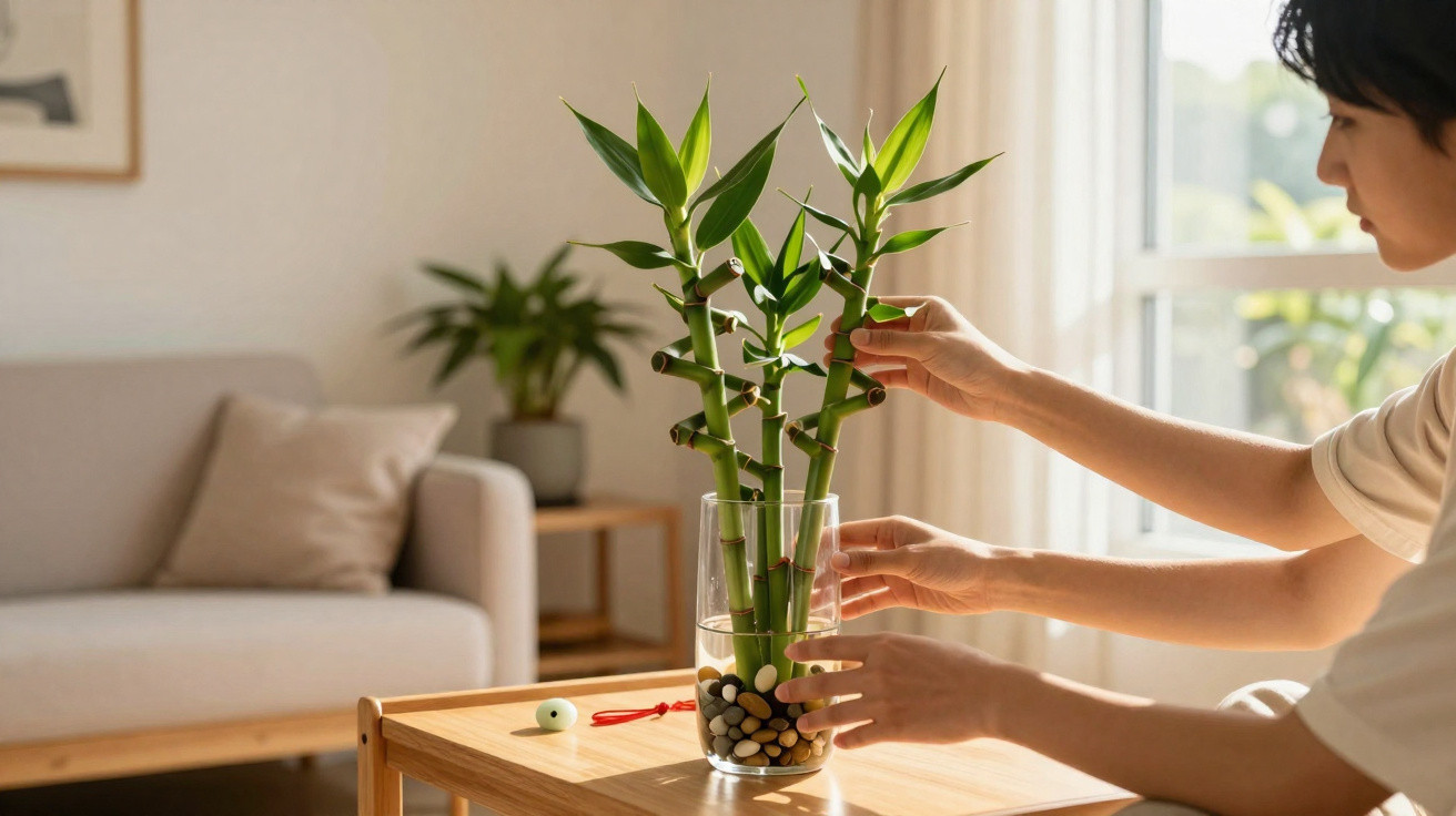 Pessoa cuidando de planta bambu da sorte em vaso transparente sobre mesa de madeira em sala iluminada.