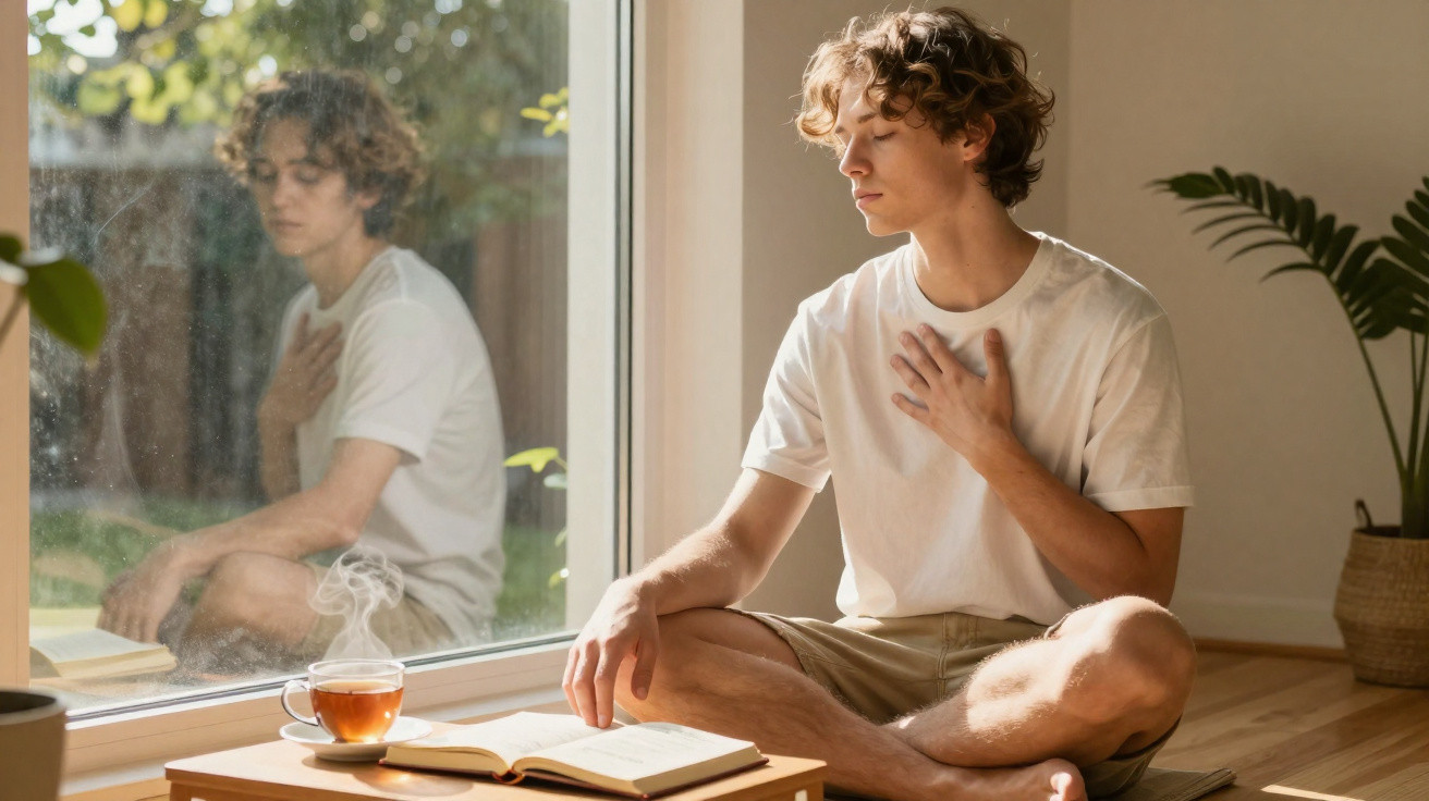 Jovem sentado no chão em posição de meditação, com mão no peito, ao lado de xícara de chá e livro aberto.