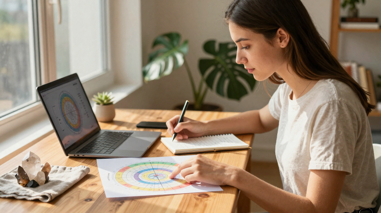 Mulher sentada em mesa escrevendo em caderno e analisando gráfico colorido com laptop aberto ao lado.