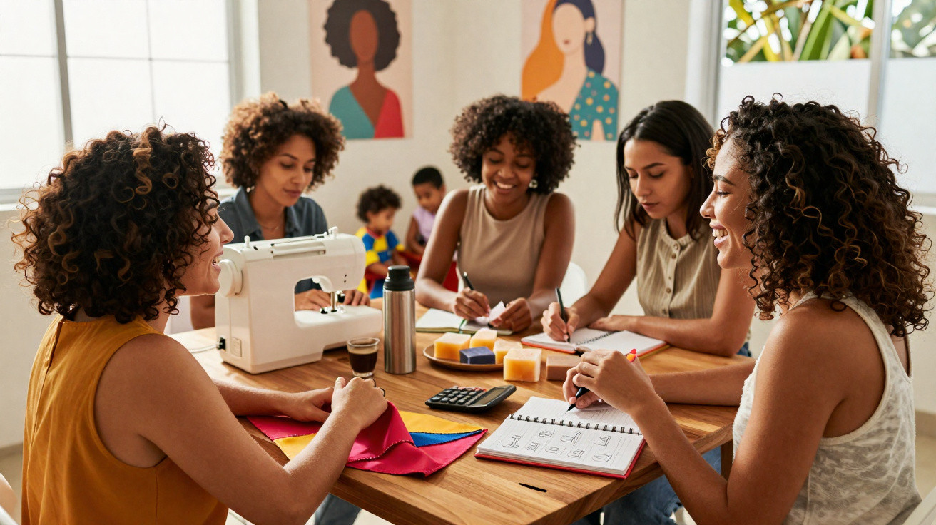 Grupo de mulheres reúne-se para aula de costura, com máquina, tecidos e anotações à mesa.