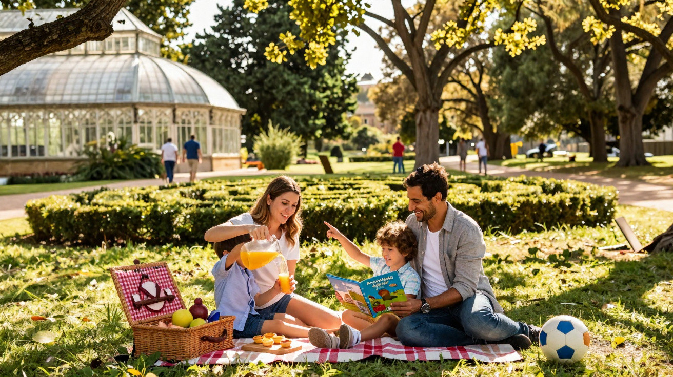 Família fazendo piquenique em parque ensolarado, com cesta, suco e bola de futebol ao lado.