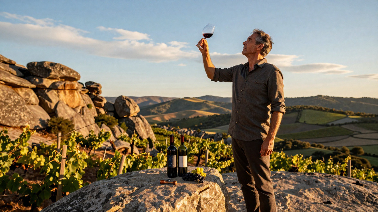 Homem observa taça de vinho tinto em vinhedo ao entardecer com garrafas sobre pedra grande.