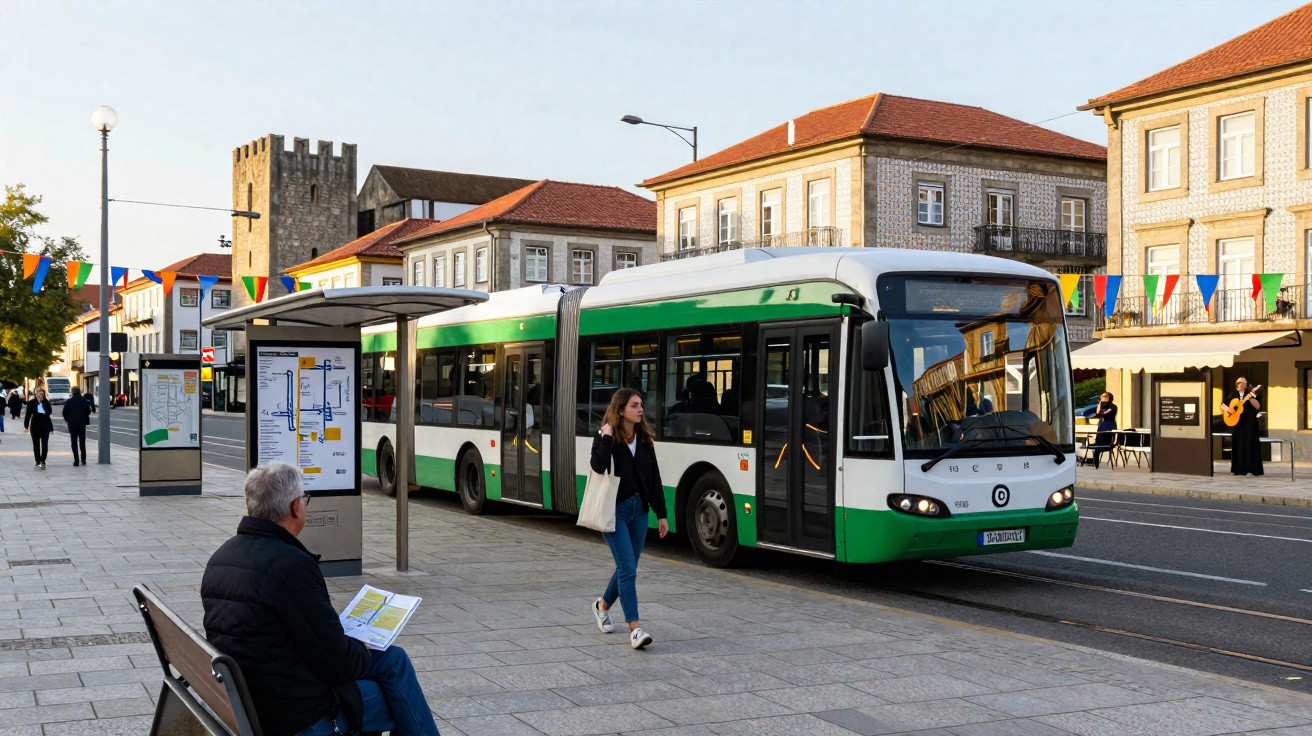 Ônibus articulado verde e branco em ponto de ônibus na rua com prédios antigos ao fundo.