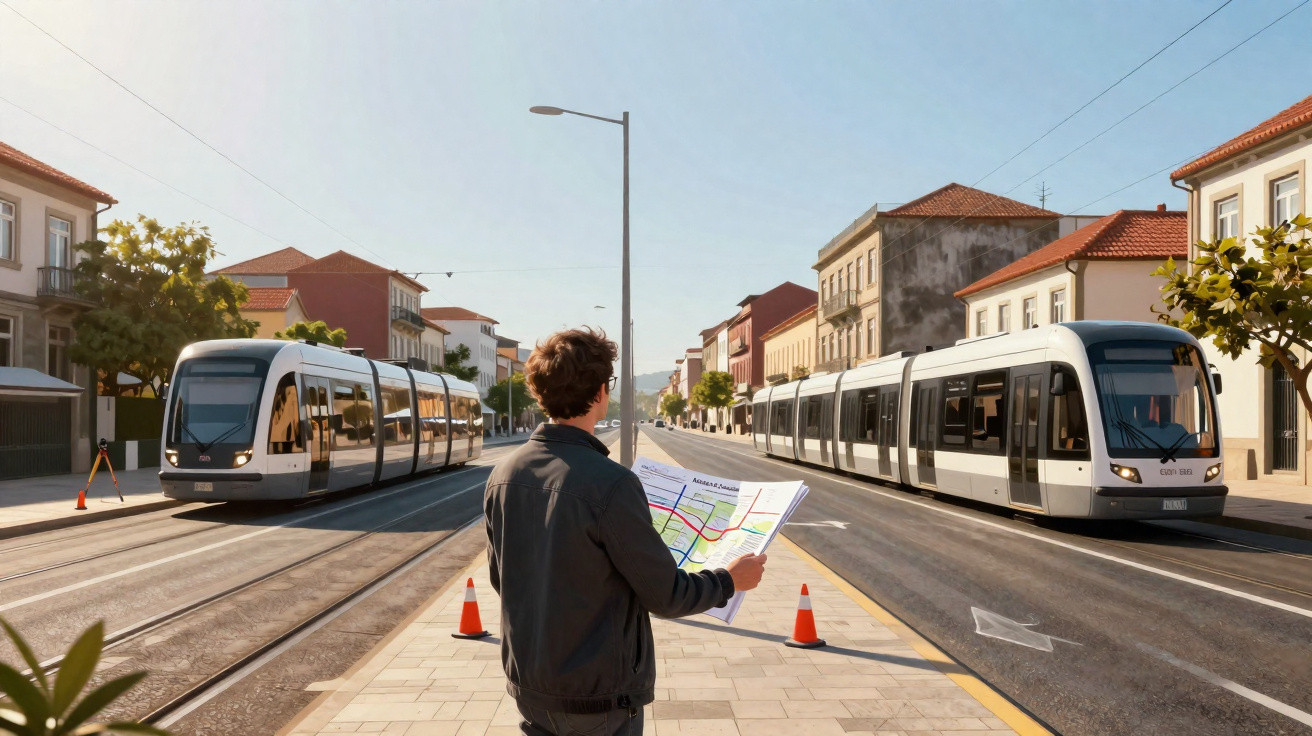 Homem de costas segurando mapa em plataforma entre dois bondes modernos em rua urbana com edifícios históricos.