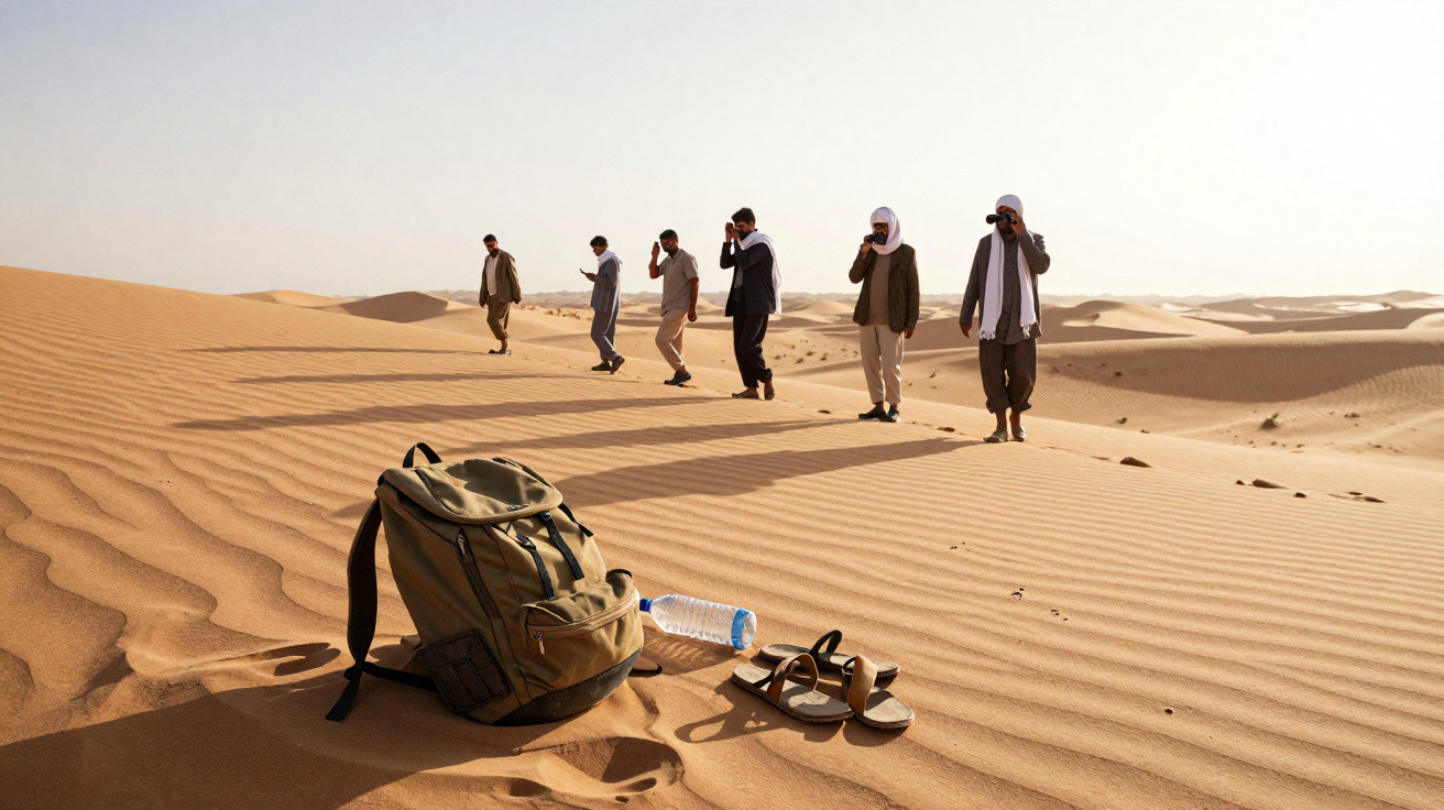 Mochila, sandálias e garrafa de água na areia com seis homens caminhando no deserto ao fundo.